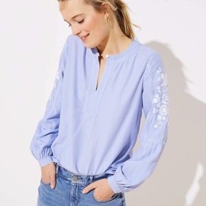 LOFT Blue Striped Embroidered Blouse Sz S